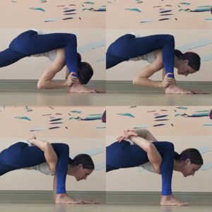If you are able to go deeper, begin to tuck the right shoulder behind the right calf so that the shoulder sits under the hamstring. Swing your right hand around your leg and rest it on your back. Your left hand can stay as a support on the ground or begin to lean slightly to the right and find the full bind, interlacing the hands behind your back.