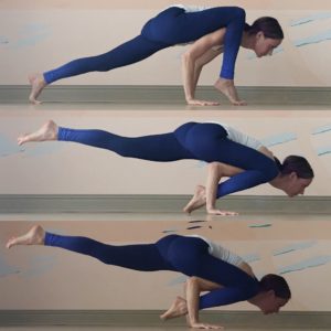 Hold onto the half bind over the right shoulder and place the hands down about shoulder width apart (as you would for plank pose). Begin to bend the elbows (like caturanga) and lift the right heel. Start leaning forward until your chin is just above the ground and scoop your right heel in toward the right glute. The further you lean, the lighter your back leg will feel here. Finally, launch off of the back foot and squeeze the core in strongly as you breathe! Stay a few breaths.