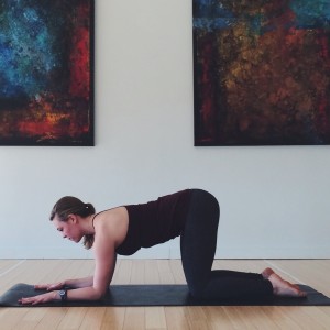 Lower down to both forearms, making sure the elbows are aligned with the shoulders.